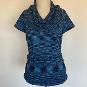 Cowl neck sweater, short sleeves, ruched sides, space dyed, silver sparkles S